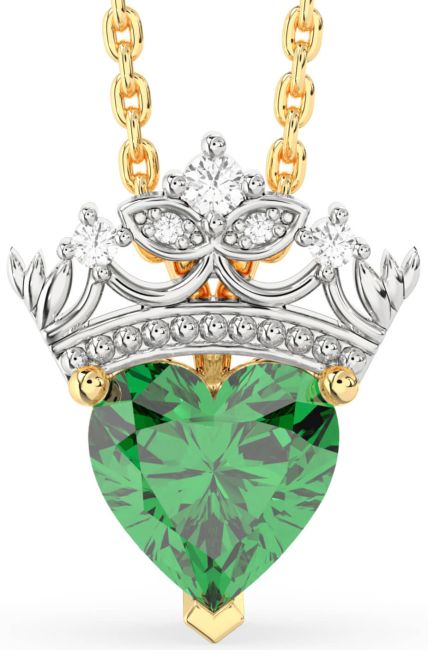 Diamond Emerald Gold Silver Heart Crown Necklace