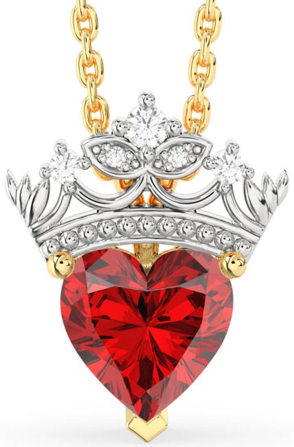 Diamond Ruby Gold Silver Heart Crown Necklace