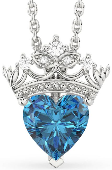 Blue Diamond Silver Heart Crown Necklace