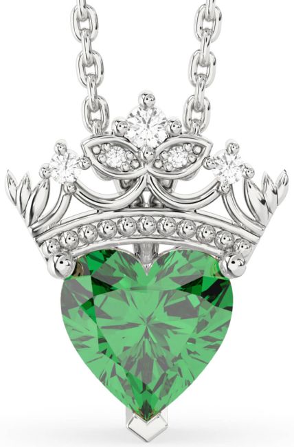 Diamond Emerald Silver Heart Crown Necklace