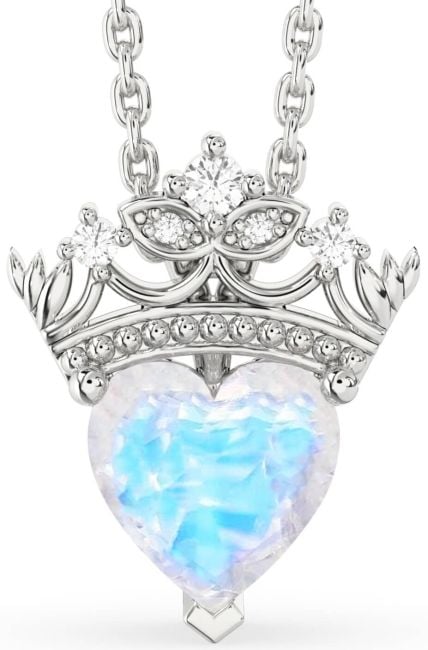 Diamond Moonstone Silver Heart Crown Necklace