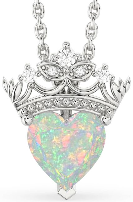 Diamond Opal Silver Heart Crown Necklace