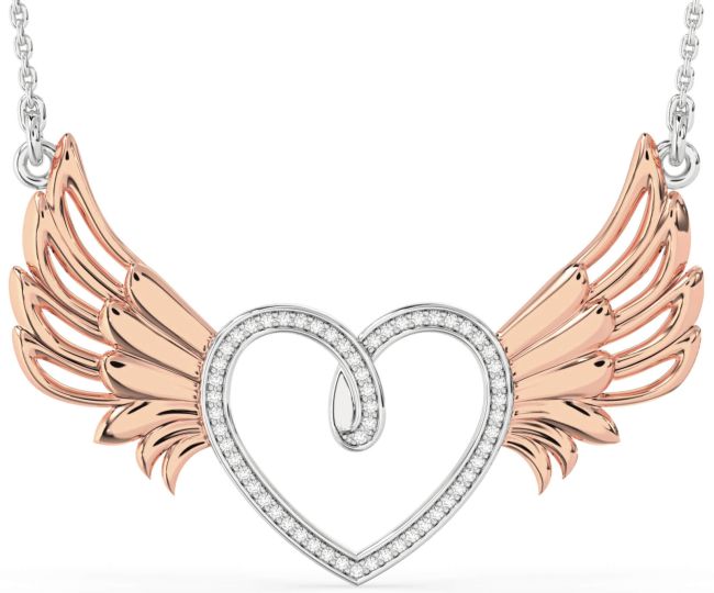 Large Diamond White Rose Gold Heart Wings Necklace