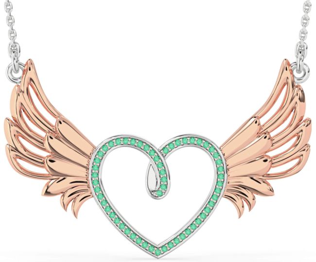 Large Emerald Rose Gold Silver Heart Wings Necklace