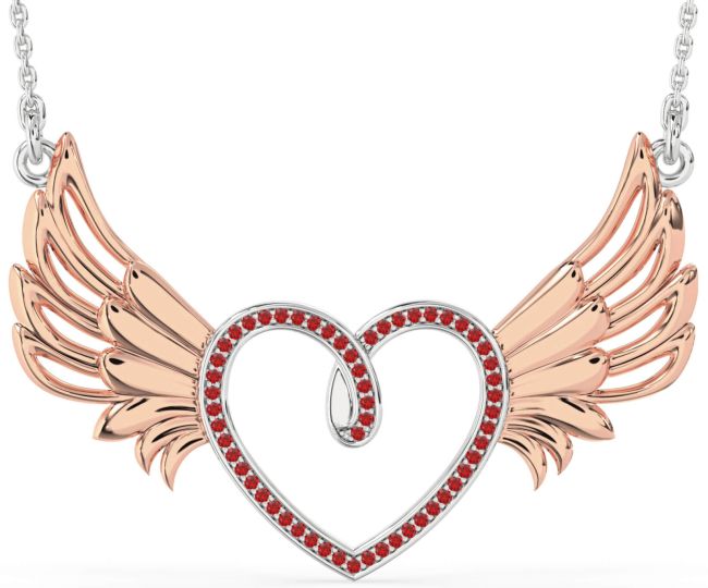Large Ruby Rose Gold Silver Heart Wings Necklace