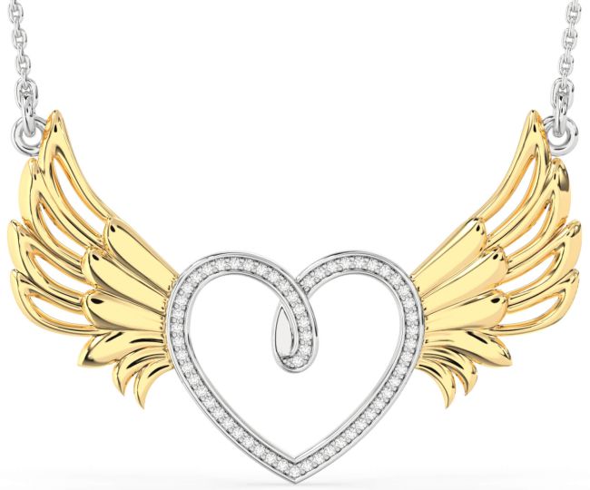 Large Diamond Platinum & Yellow Gold Heart Wings Necklace