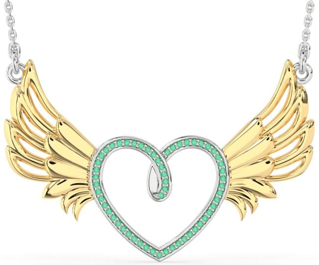 Large Emerald Gold Silver Heart Wings Necklace
