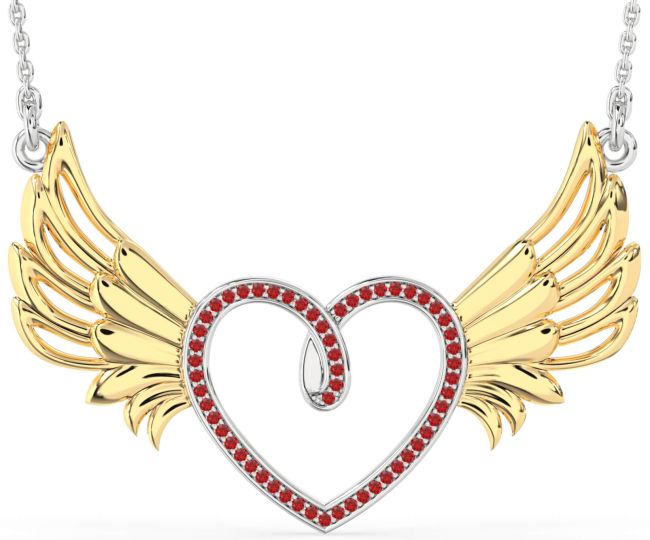 Large Ruby Gold Silver Heart Wings Necklace