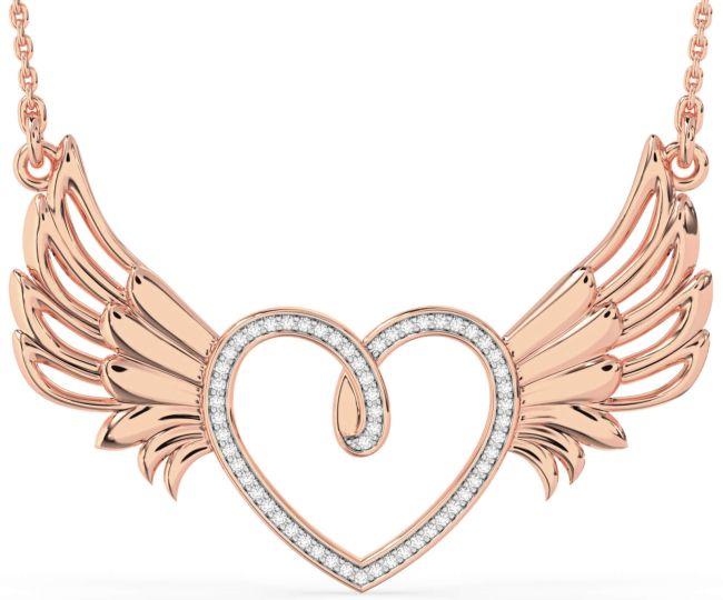 Large Diamond Rose Gold Silver Heart Wings Necklace