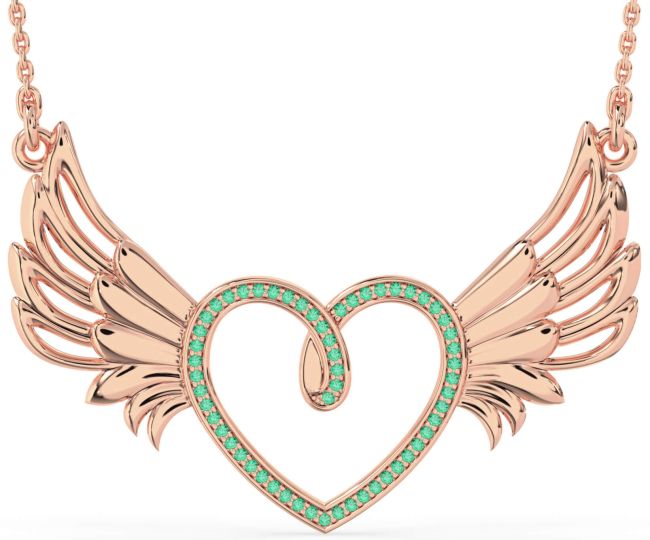 Large Emerald Rose Gold Heart Wings Necklace
