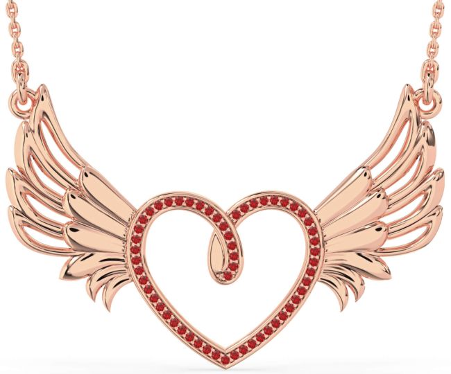 Large Ruby Rose Gold Heart Wings Necklace