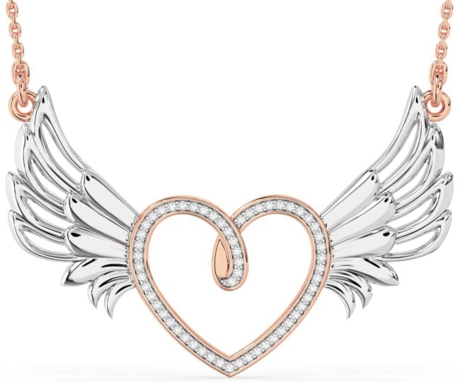 Large Diamond White Rose Gold Heart Wings Necklace