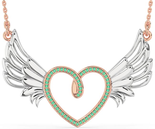 Large Emerald Rose Gold Silver Heart Wings Necklace