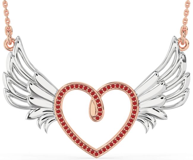 Large Ruby Rose Gold Silver Heart Wings Necklace