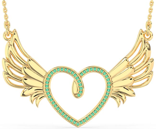 Large Emerald Gold Heart Wings Necklace