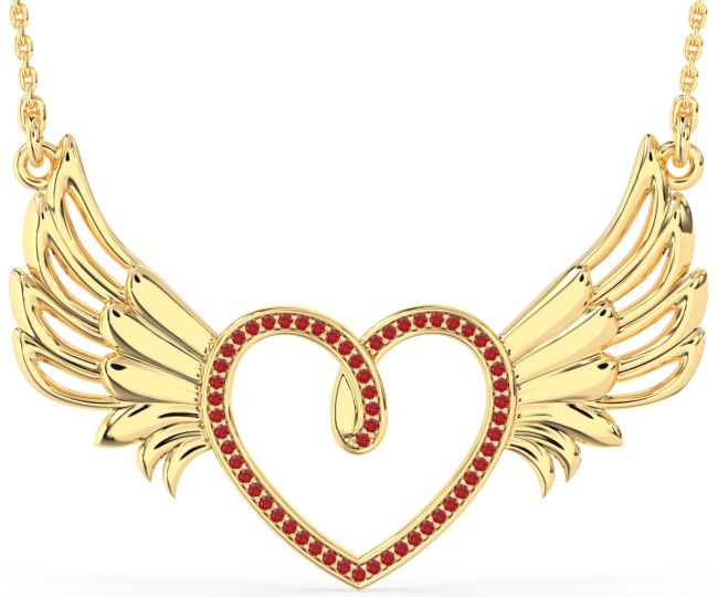 Large Ruby Gold Silver Heart Wings Necklace