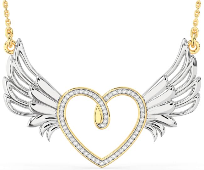 Large Diamond White Yellow Gold Heart Wings Necklace