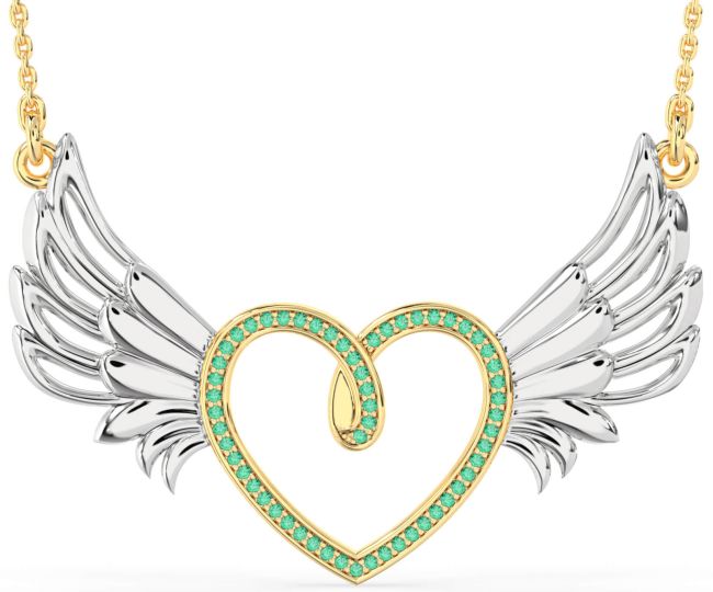 Large Emerald Gold Silver Heart Wings Necklace