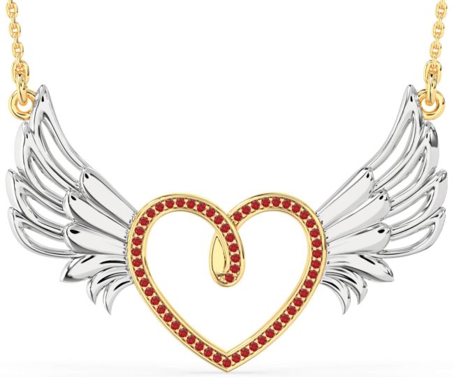 Large Ruby Gold Silver Heart Wings Necklace
