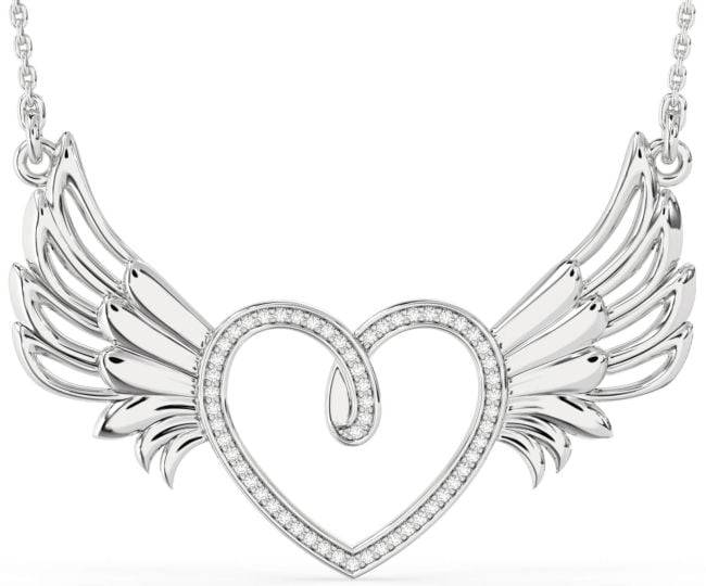 Large Diamond Silver Heart Wings Necklace