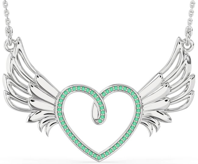 Large Emerald Silver Heart Wings Necklace