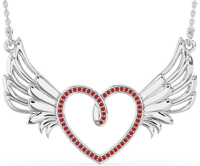 Large Ruby Silver Heart Wings Necklace