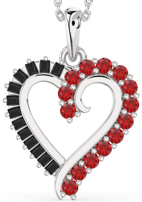 Black Diamond & Ruby Silver Heart Necklace