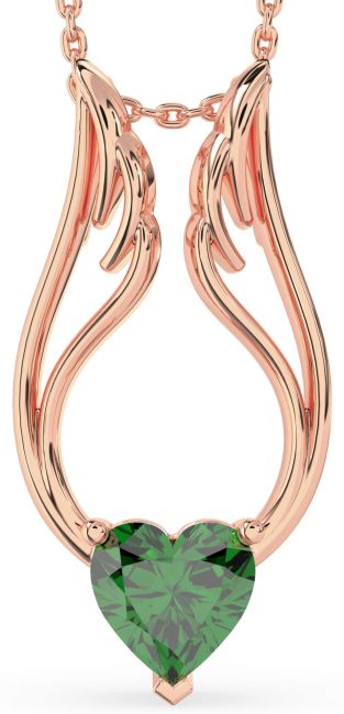 Large Emerald Rose Gold Heart Wings Necklace
