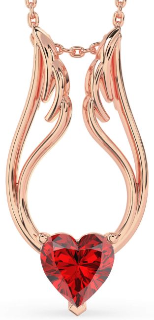 Large Ruby Rose Gold Heart Wings Necklace