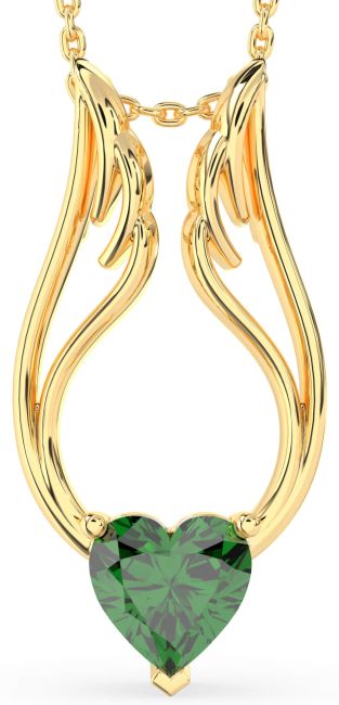 Large Emerald Gold Heart Wings Necklace