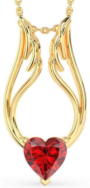 Large Ruby Gold Silver Heart Wings Necklace