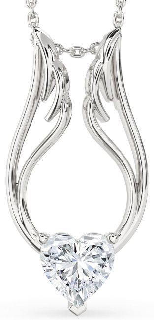 Large Diamond Silver Heart Wings Necklace