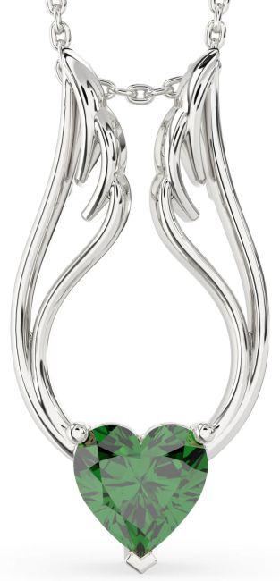 Large Emerald Silver Heart Wings Necklace