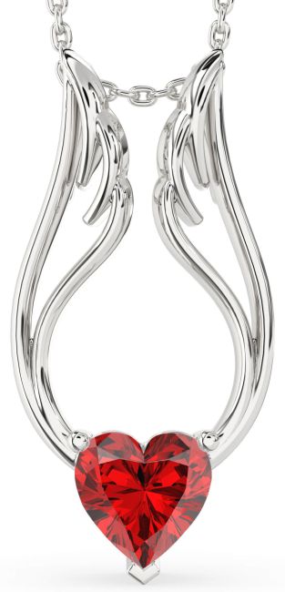 Large Ruby Silver Heart Wings Necklace