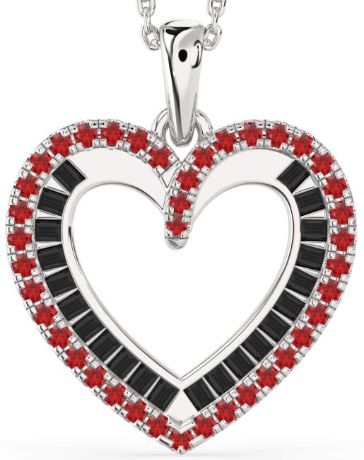 Black Diamond & Ruby Silver Heart Necklace