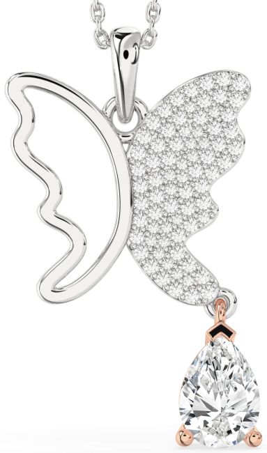 Large Diamond Rose Gold Silver Butterfly Necklace