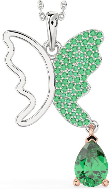 Large Emerald Rose Gold Silver Butterfly Necklace