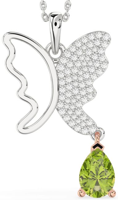 Large Diamond & Peridot White Rose Gold Butterfly Necklace