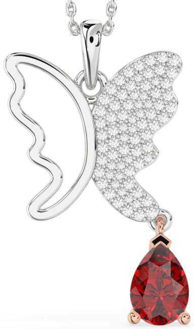 Large Diamond & Ruby Rose Gold Silver Butterfly Necklace