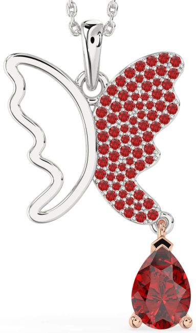 Large Ruby Rose Gold Silver Butterfly Necklace