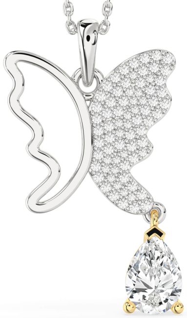 Large Diamond White Yellow Gold Butterfly Necklace