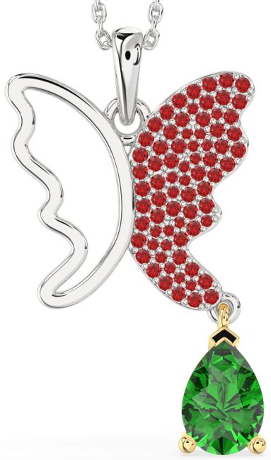 Large Emerald & Ruby Silver & 10K gold Butterfly Necklace