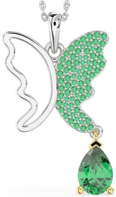 Large Emerald Gold Silver Butterfly Necklace