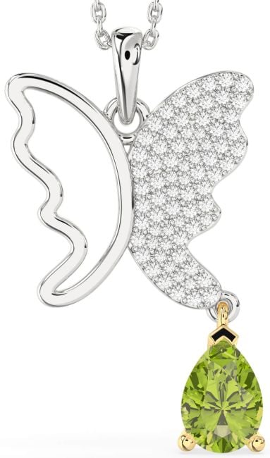 Large Diamond & Peridot Silver & 10K gold Butterfly Necklace