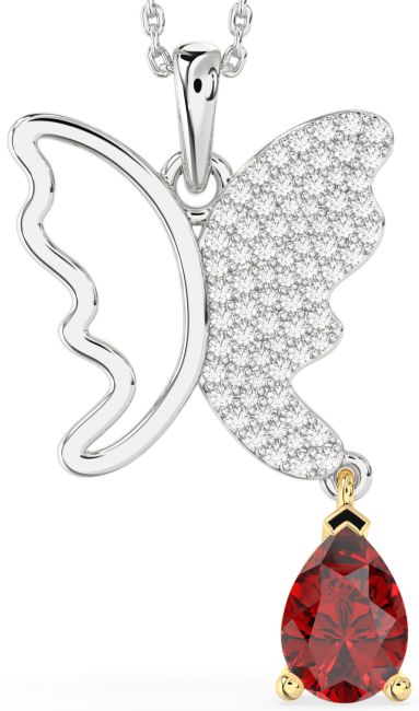 Large Diamond & Ruby Gold Silver Butterfly Necklace