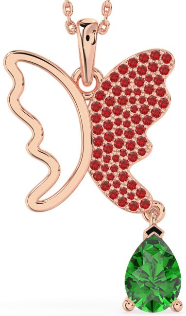 Large Emerald & Ruby Rose Gold Butterfly Necklace