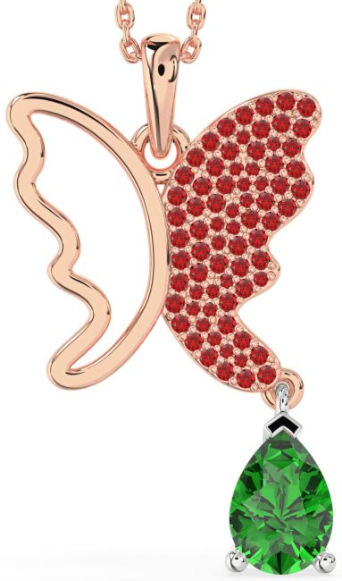 Large Emerald & Ruby Rose Gold Silver Butterfly Necklace