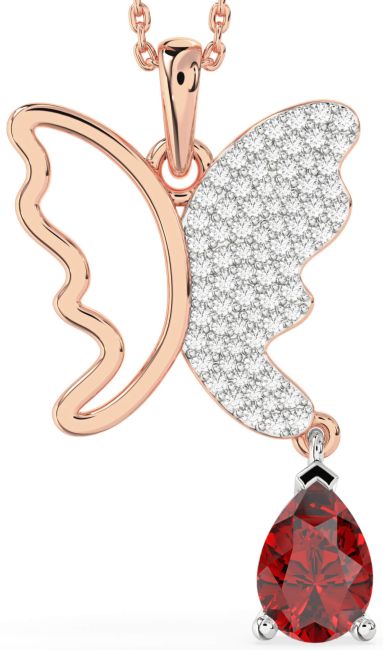Large Diamond & Ruby Rose Gold Silver Butterfly Necklace
