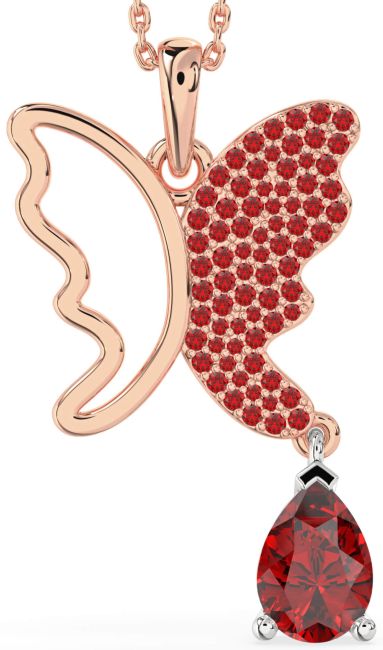 Large Ruby Rose Gold Silver Butterfly Necklace