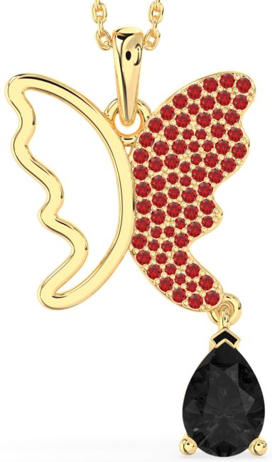 Large Black Diamond & Ruby Gold Silver Butterfly Necklace